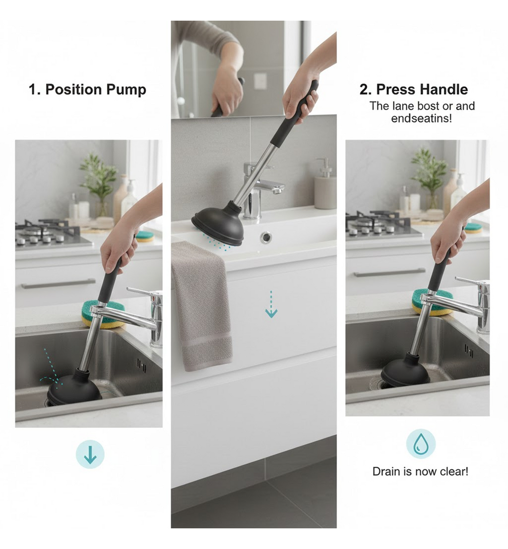 Guide image demonstrating how to use the drain unblocker pump on a kitchen sink.