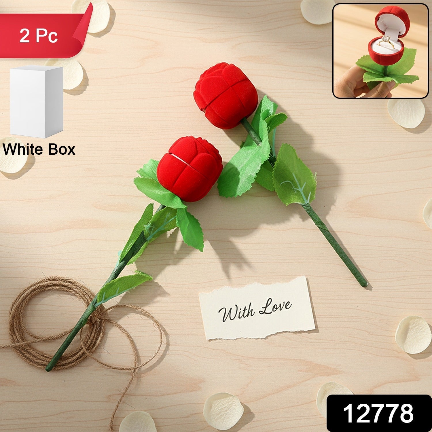 Open flower-shaped artificial rose ring box revealing cushioned ring holder in a romantic jewelry gift