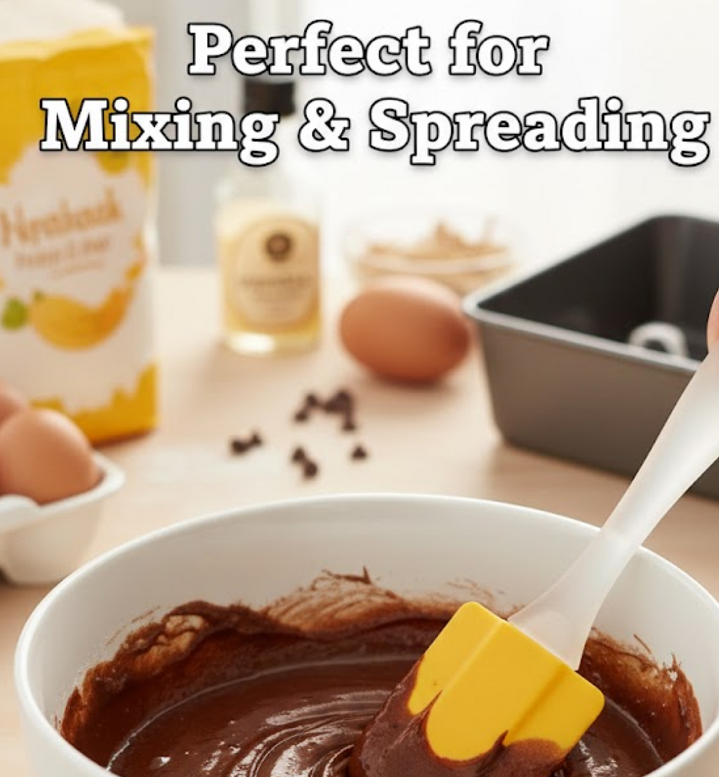 Silicone spatula with baking ingredients illustrating its use in baking