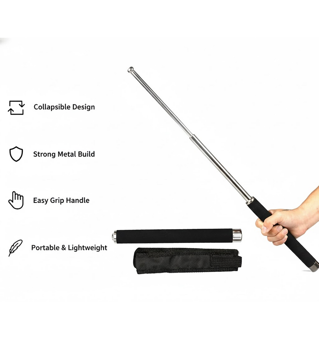 Various features of the collapsible self-defense stick highlighted.