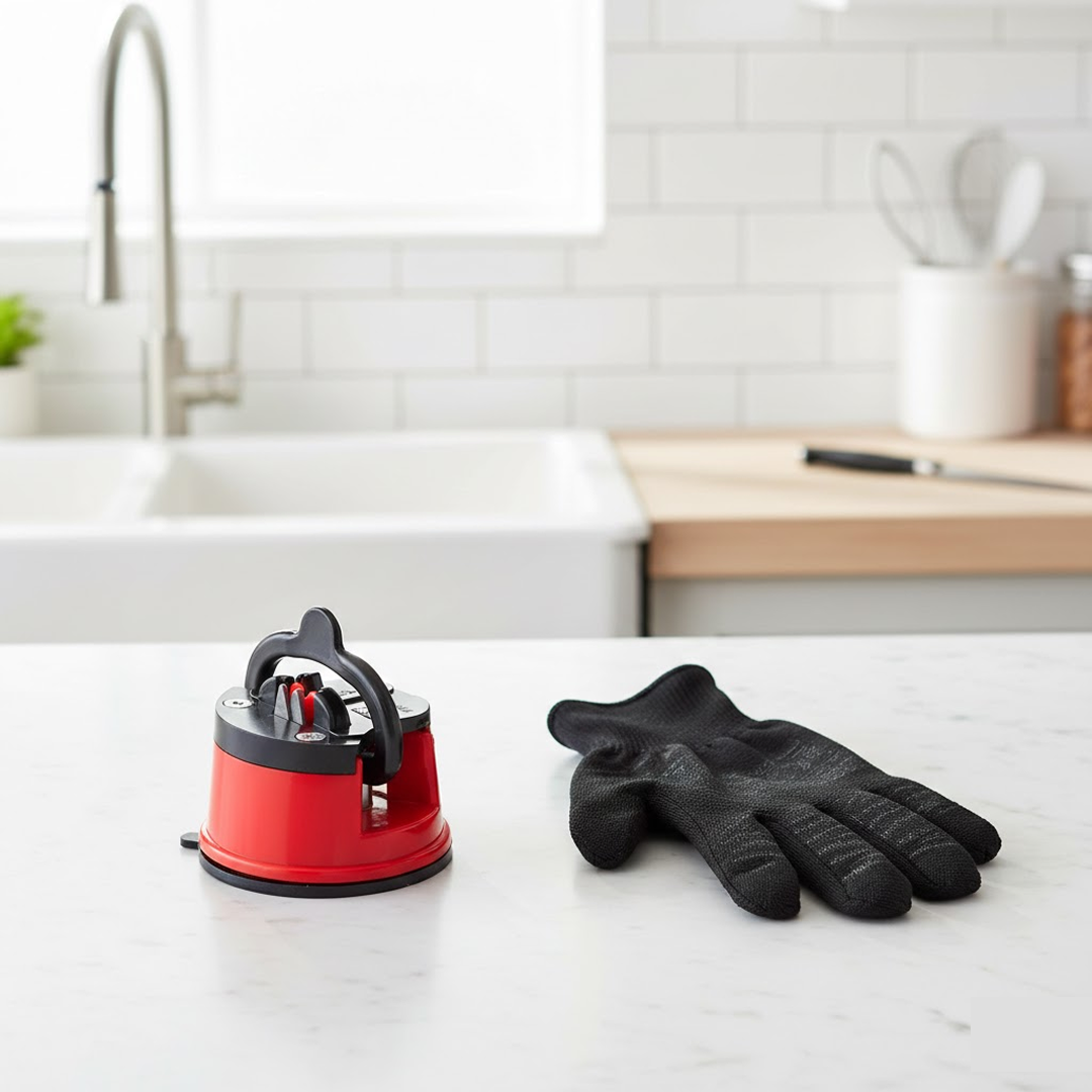 Detailed view of the non-slip base on the manual knife sharpener.