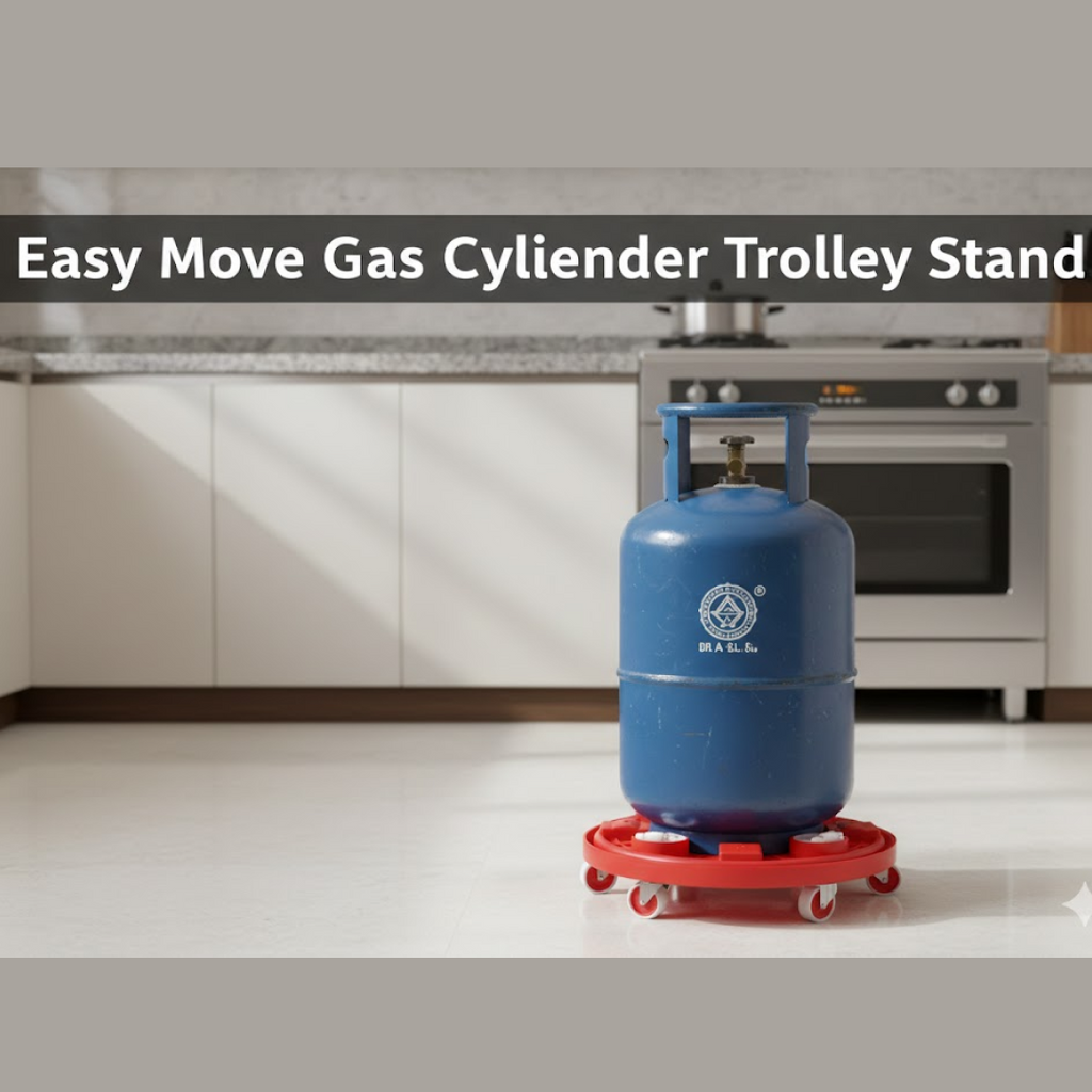 Detailed shot of a durable wheel on the red plastic gas cylinder trolley.