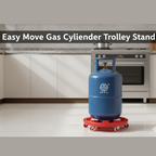 Detailed shot of a durable wheel on the red plastic gas cylinder trolley.