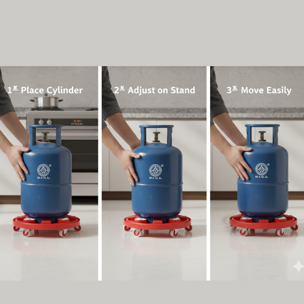 Empty base of the red plastic gas cylinder trolley, highlighting its design.