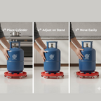 Empty base of the red plastic gas cylinder trolley, highlighting its design.