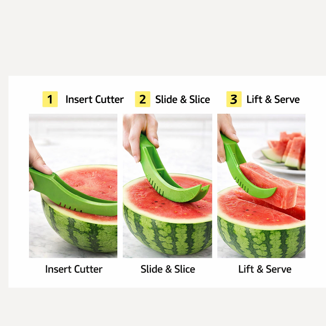Vibrant illustration showing the watermelon cutting tool effortlessly slicing through a melon.