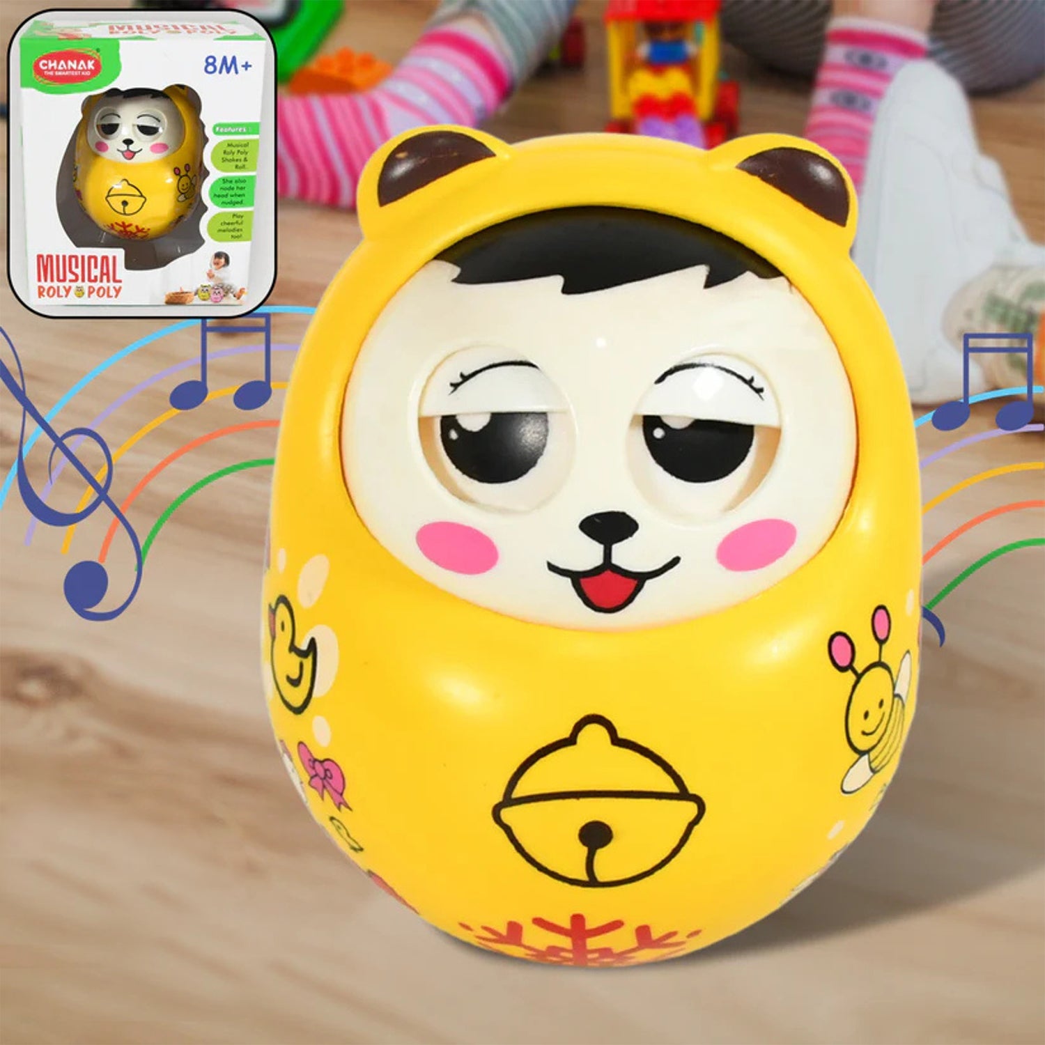 Multicolor musical roly poly toy with a cute animal face
