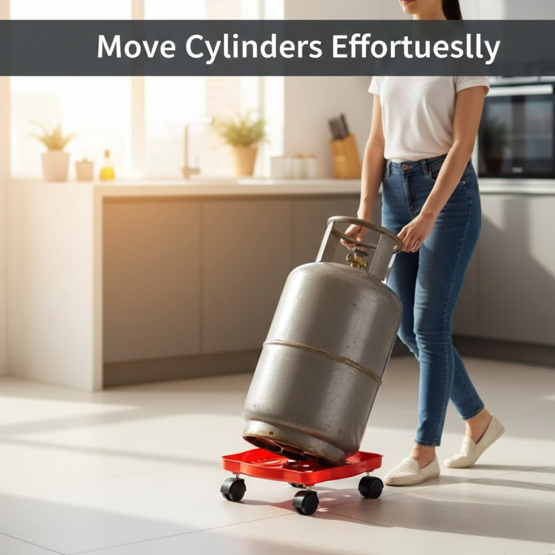 Person effortlessly pushing a heavy gas cylinder using the mobile plastic trolley.