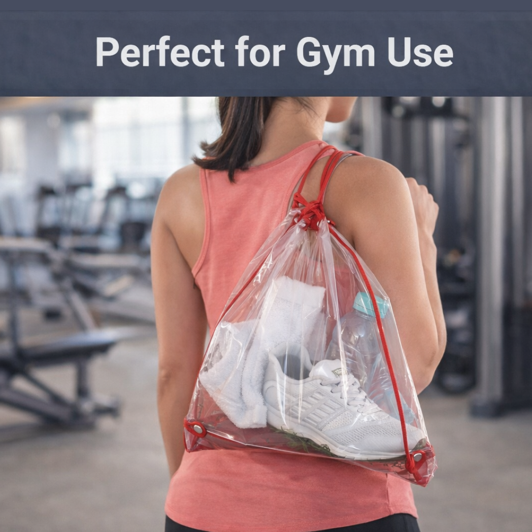 ClassiCarry clear stadium bag filled with sports and travel essentials, ready for use.