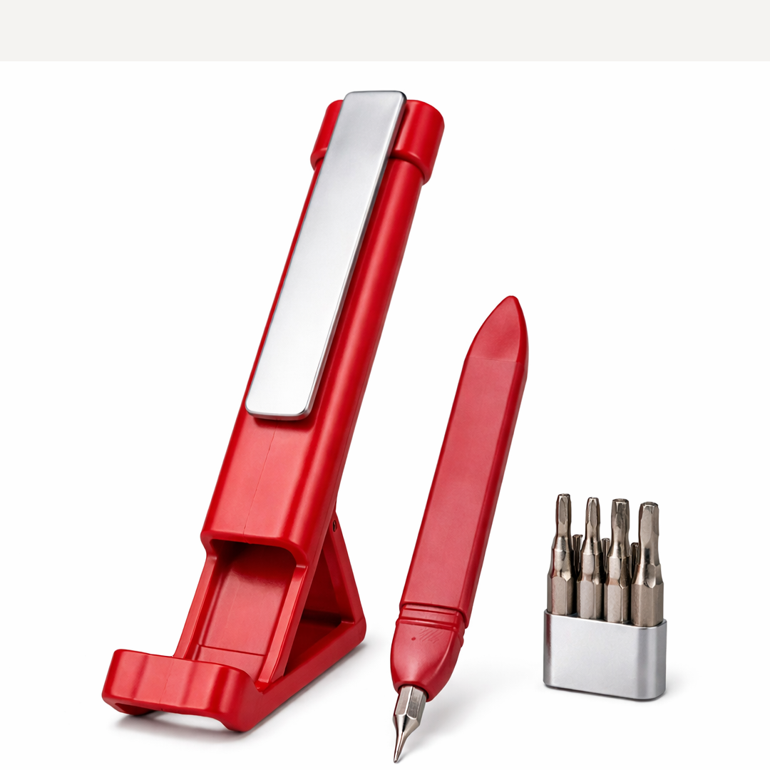 Compact Multi-Function Pen with phone holder and screwdriver bits, ready for everyday use.