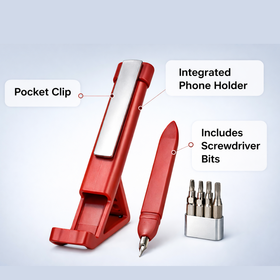 Portable Multi-Function Pen screwdriver set with stylus and phone stand functionality.