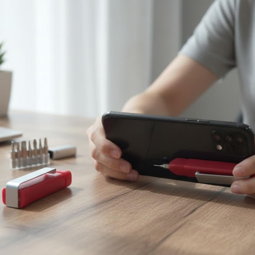 Tech tool pen clearly displaying its 7 screwdriver bits and the phone holder cap.
