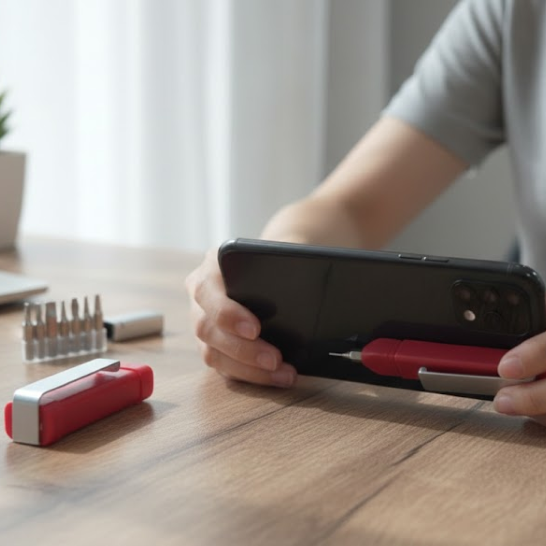 Tech tool pen clearly displaying its 7 screwdriver bits and the phone holder cap.