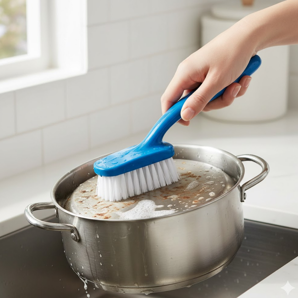 Close-up of flexible nylon bristles on a kitchen cleaning brush.