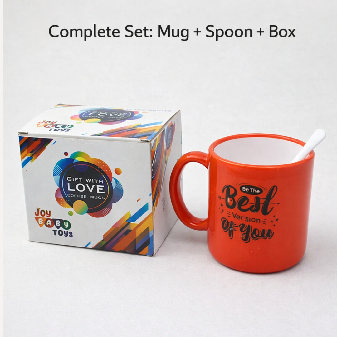 Front view of the designer coffee mug with a matching spoon.
