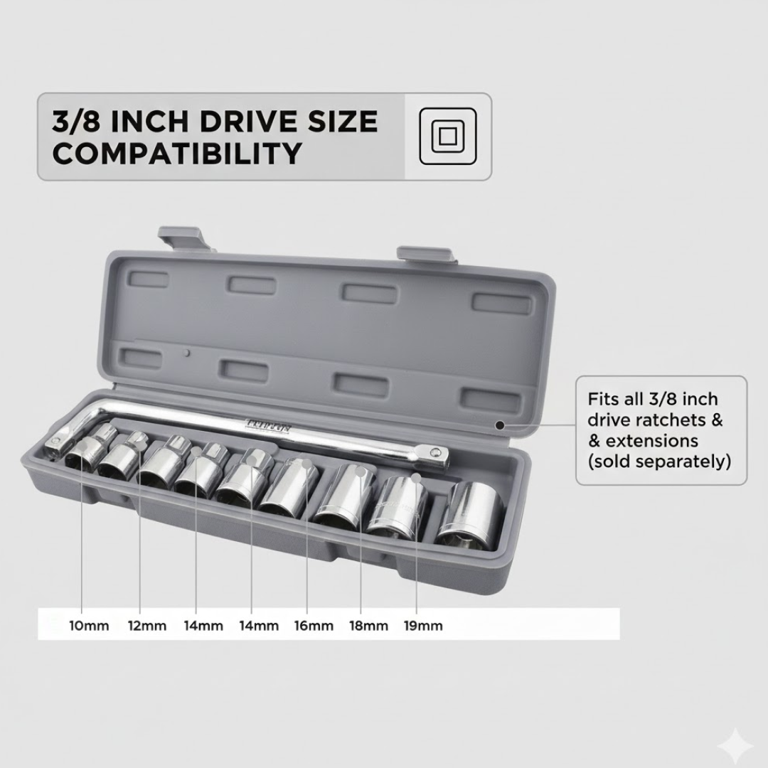 BoltForce branded packaging for the 3/8-inch drive socket wrench set.