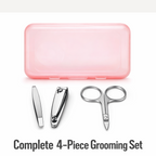 Top-down view of the compact 4-piece travel manicure kit components.