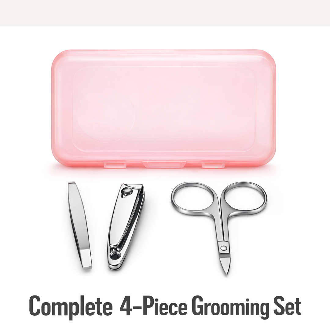 Top-down view of the compact 4-piece travel manicure kit components.