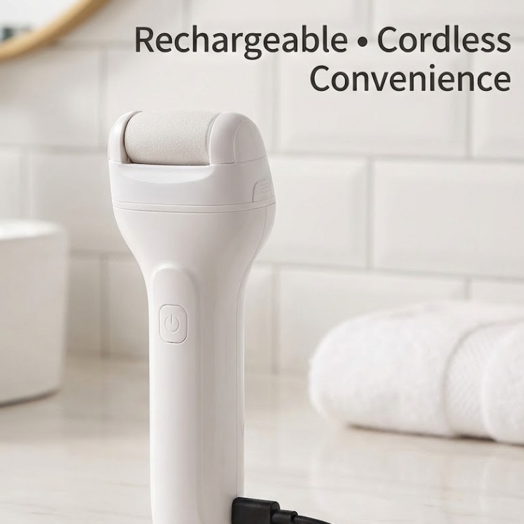 Detailed view of the interchangeable fine, medium, and coarse roller heads for the electric foot file