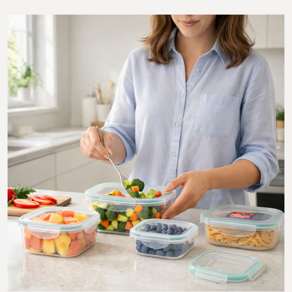 Stackable plastic food containers demonstrating space-saving design.