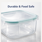 Microwave-safe kitchen container with lid, showing steam release.