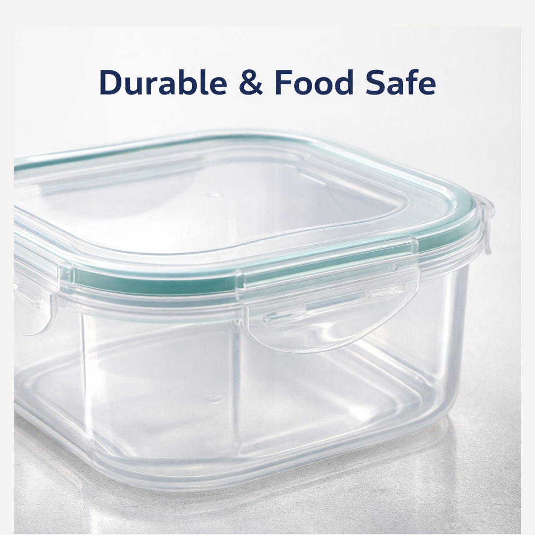 Microwave-safe kitchen container with lid, showing steam release.