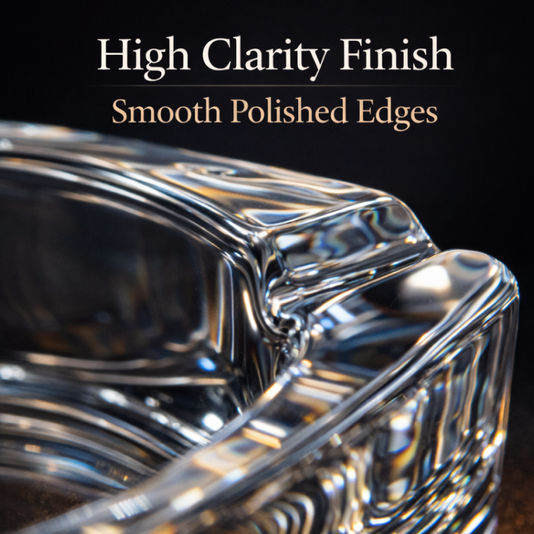 Packaging details and product specifications for the Organivo glass ashtray.
