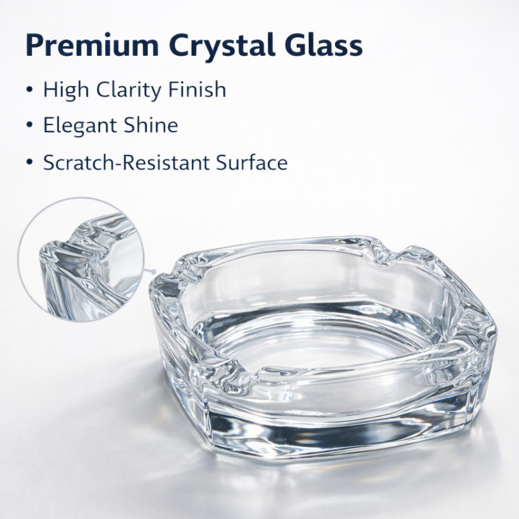 Infographic highlighting the premium quality and lead-free material of the ashtray.