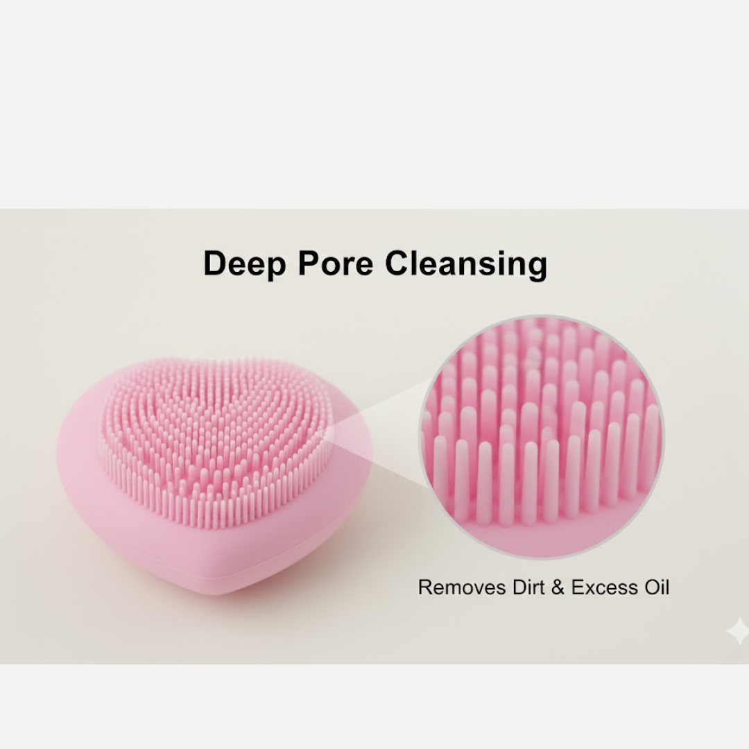 Compact heart-shaped silicone facial brush for women's skincare.