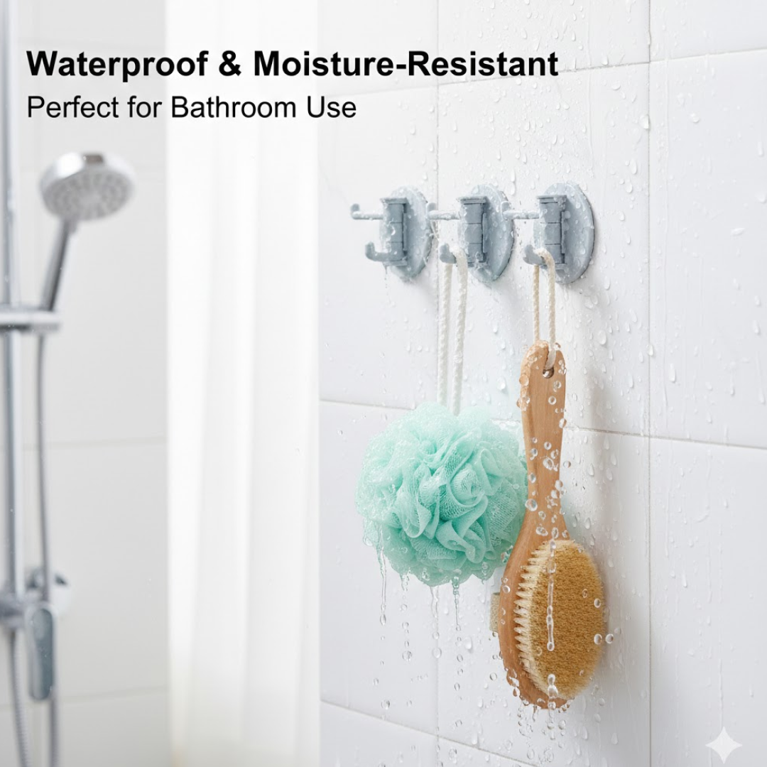 White punch-free sticky hook securely mounted on a tiled wall, showcasing its three flexible hooks.