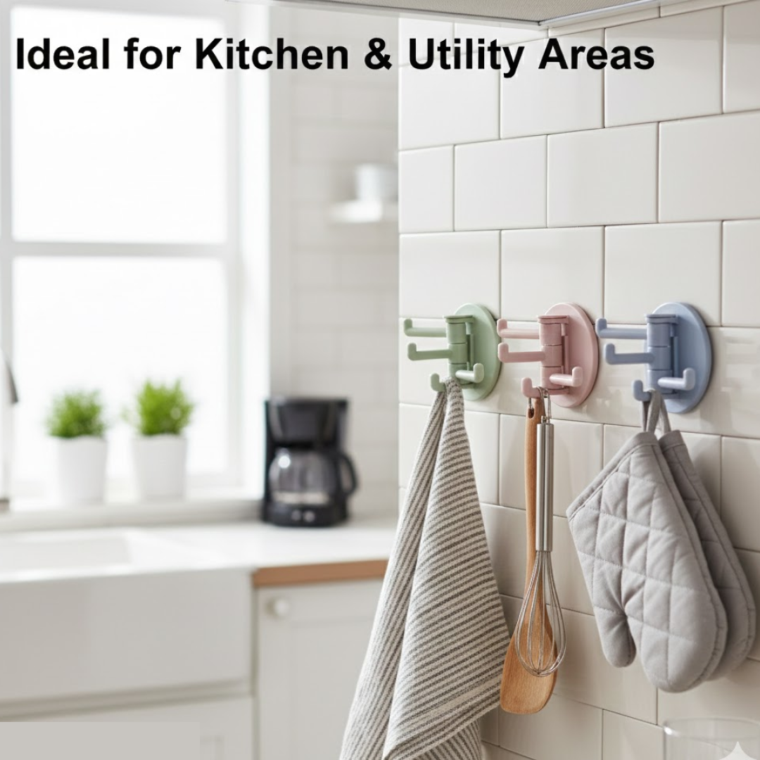 The 3-hook rotating wall adhesive organizer with hooks folded for compact storage.