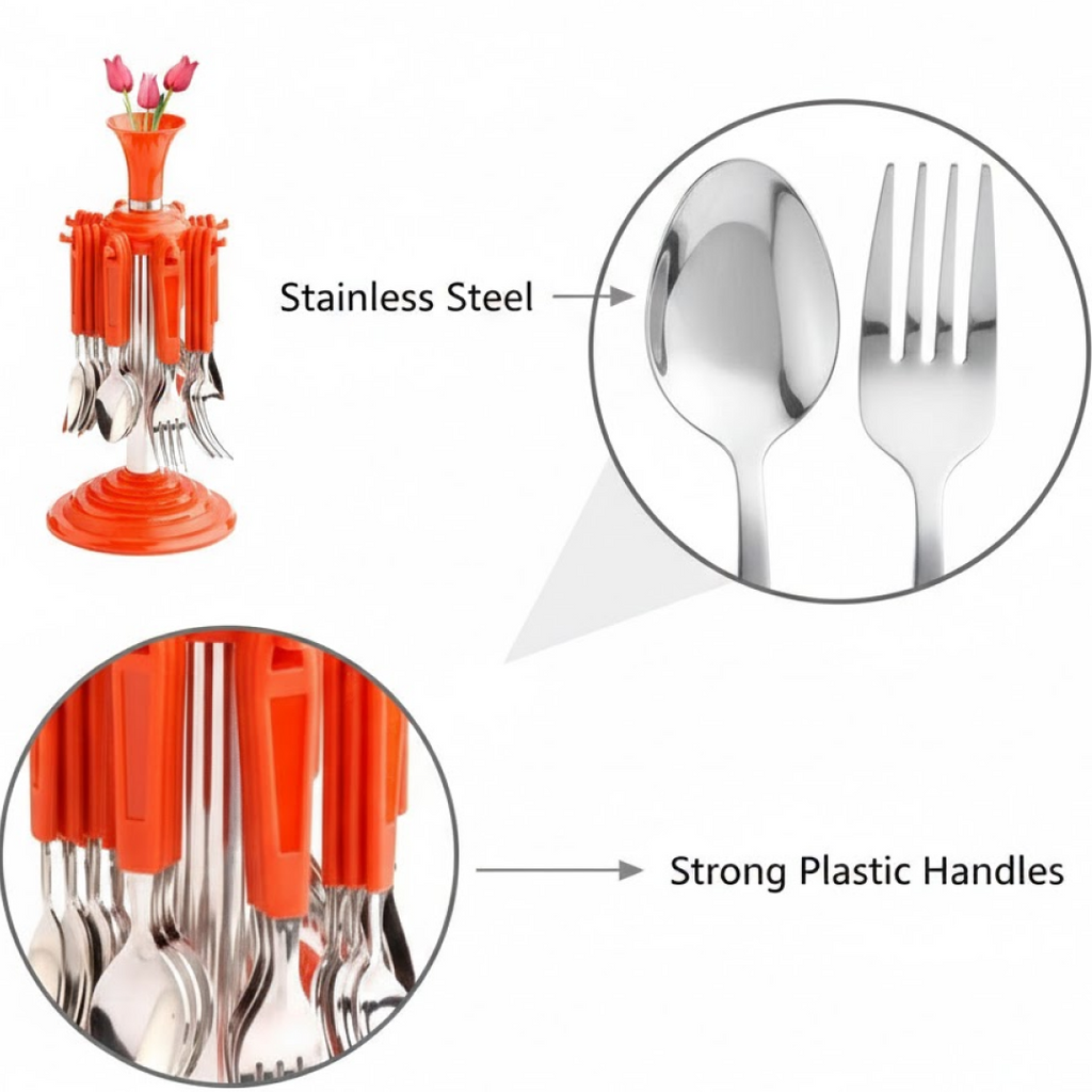 Detailed view of a stainless steel dinner spoon with a comfortable plastic handle.