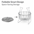 Foldable chef basket showcasing different configurations for washing, frying, and steaming.