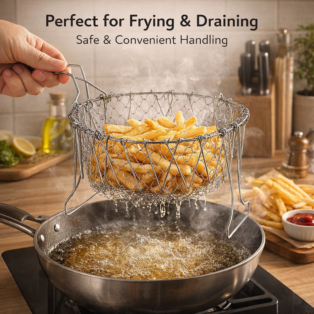 Versatile chef basket strainer being used for various cooking tasks in an Indian kitchen.
