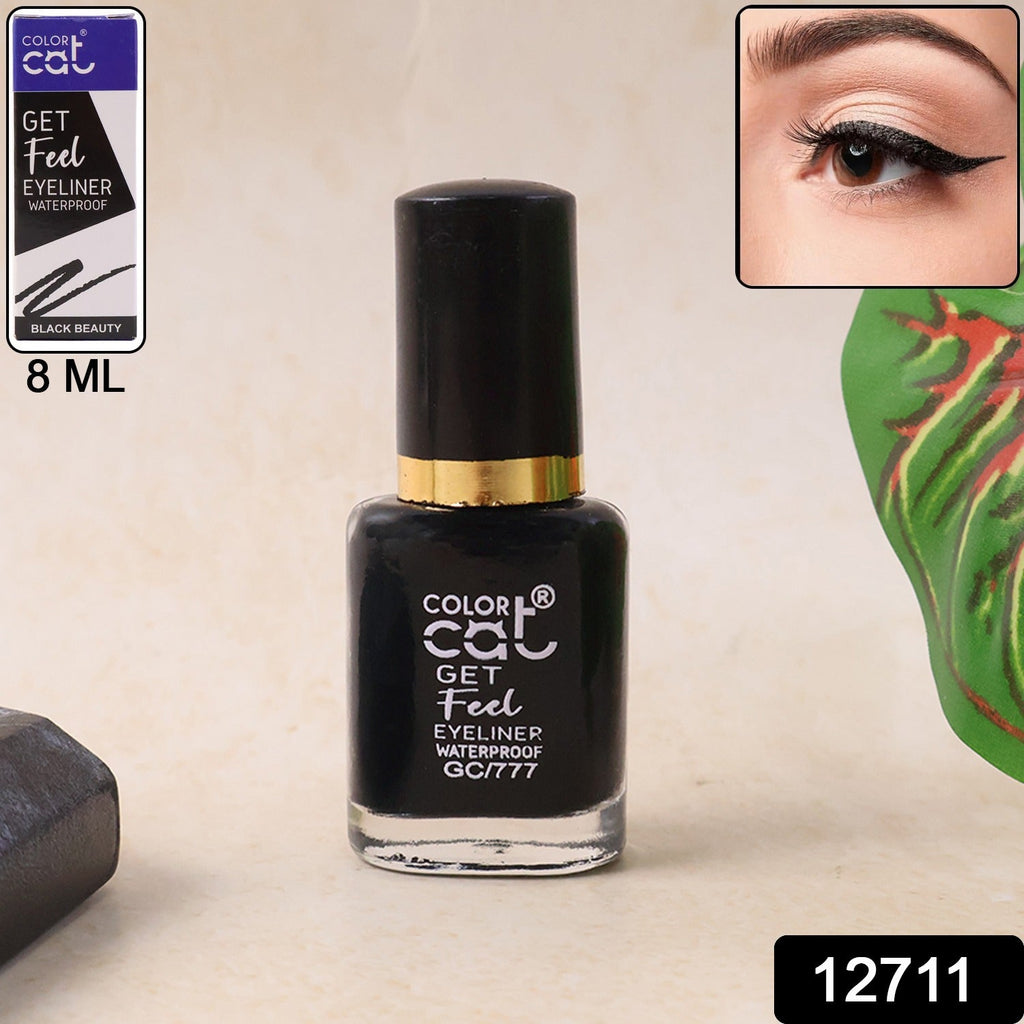 Close-up of black eyeliner applied smoothly for sharp eye makeup.