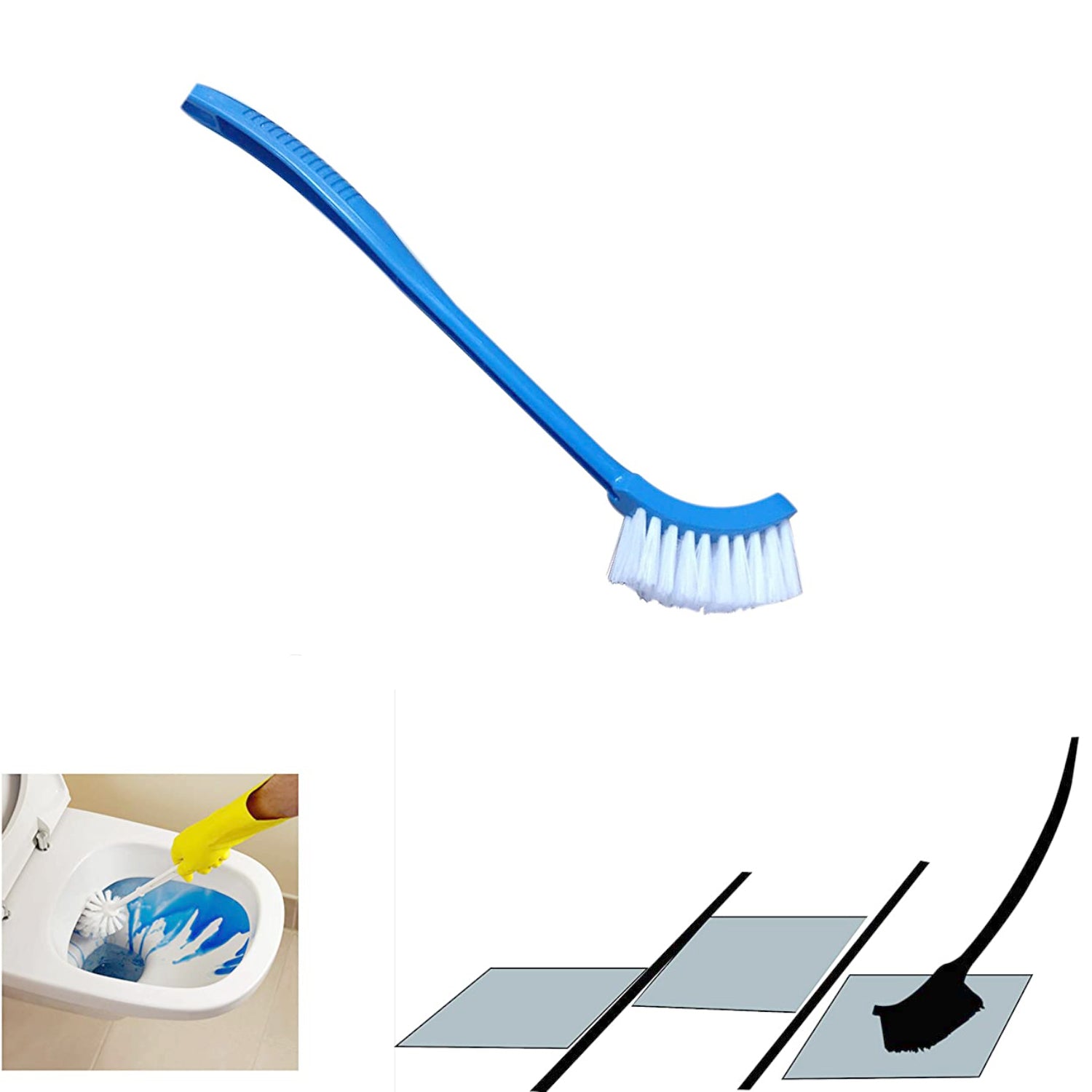 Ergonomic toilet cleaning brush with flexible bristles for effective scrubbing.