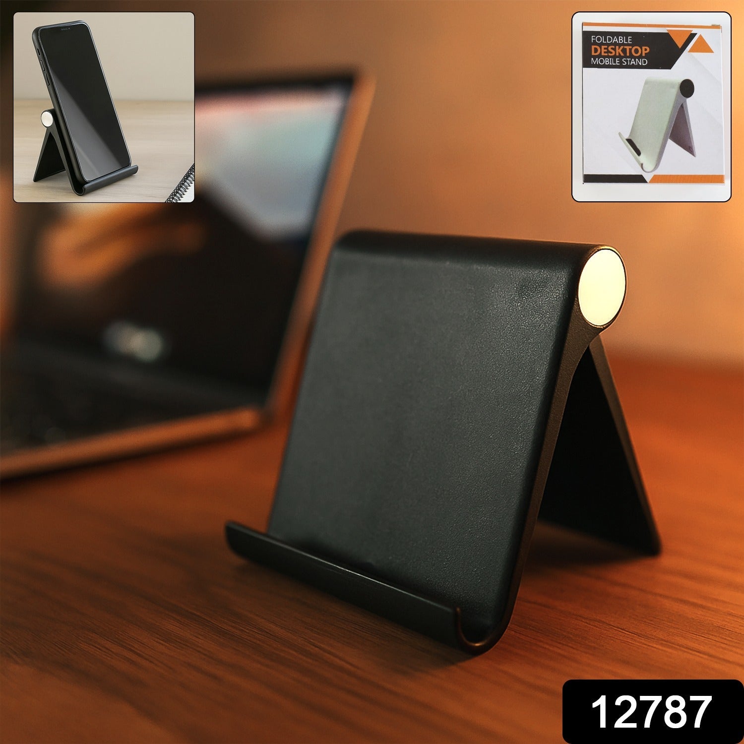 Black plastic foldable desktop mobile stand holding a smartphone securely