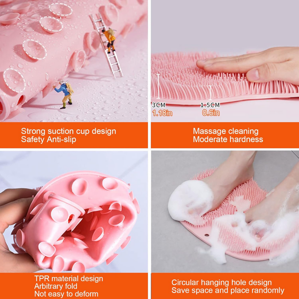 Close-up of durable silicone bristles on bath massage cushion foot scrubber mat