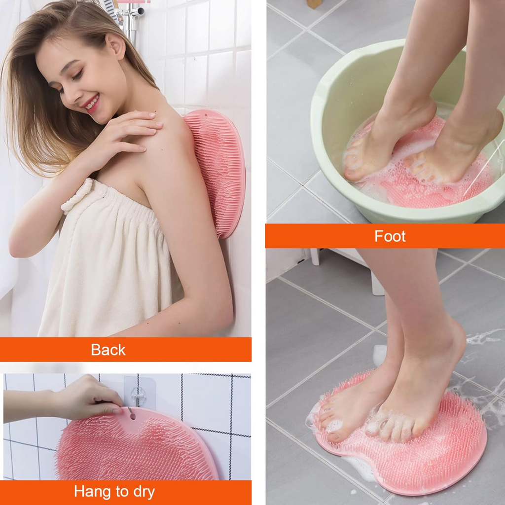 Silicone foot scrubber mat suctioned securely to smooth bathroom surface