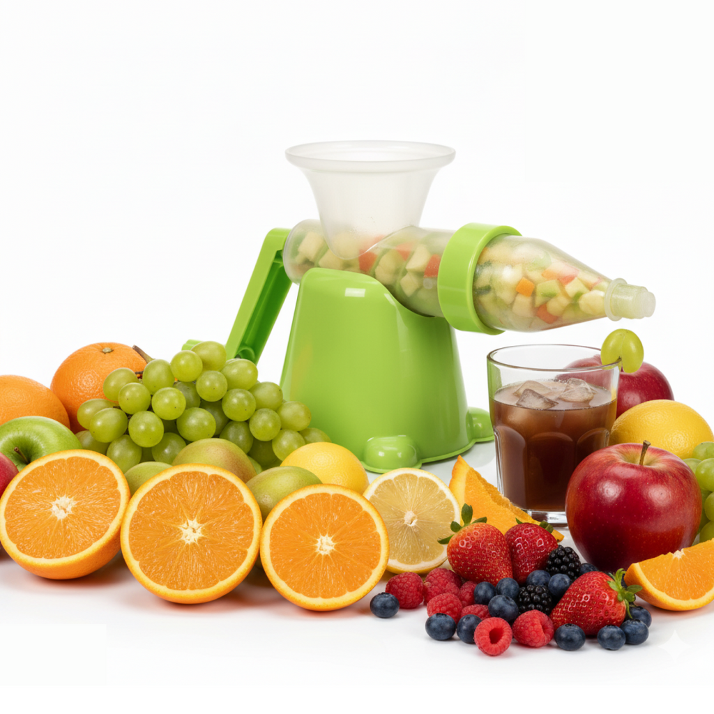 Manual plastic fruit and vegetable juicer product image showing durable design