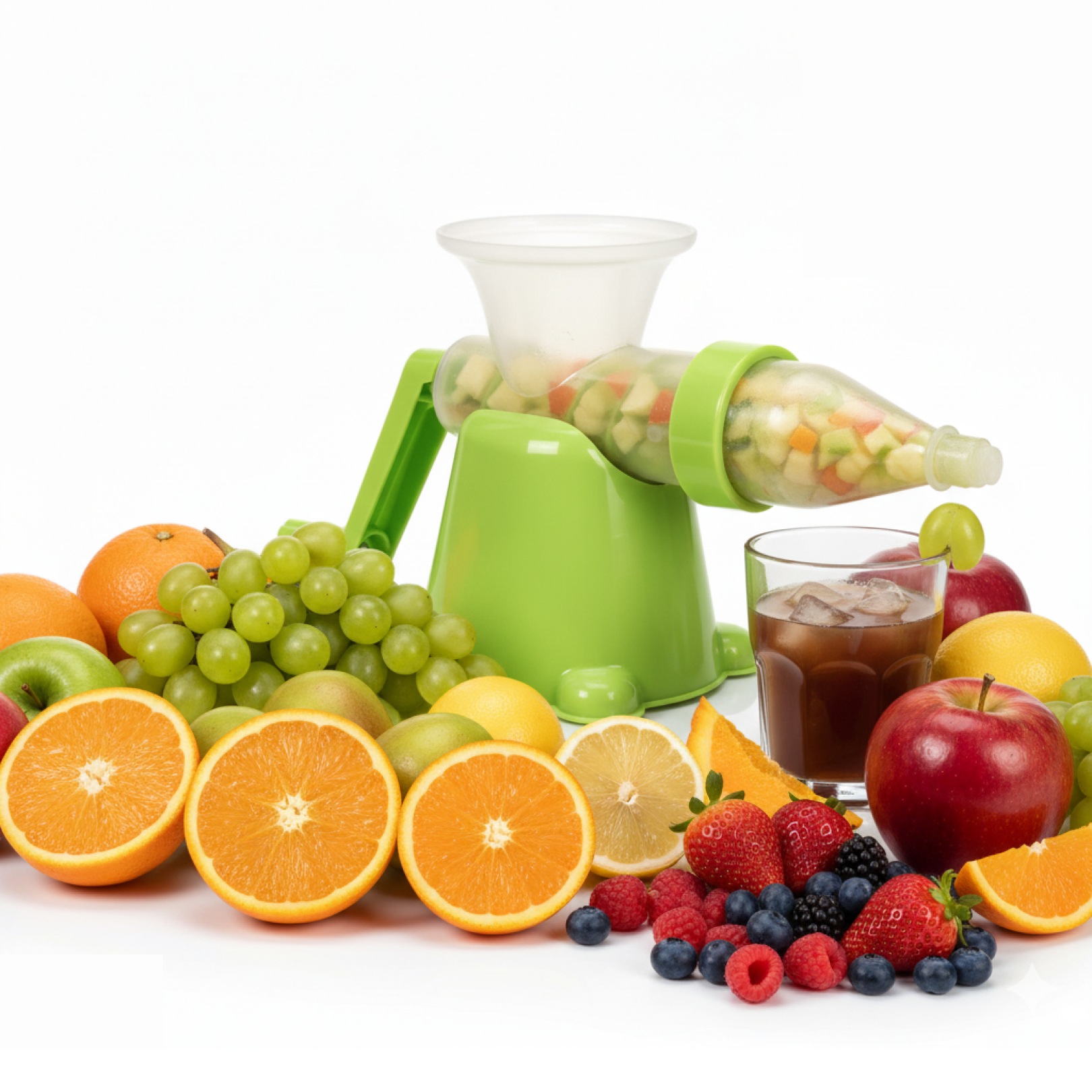 Manual plastic fruit and vegetable juicer product image showing durable design
