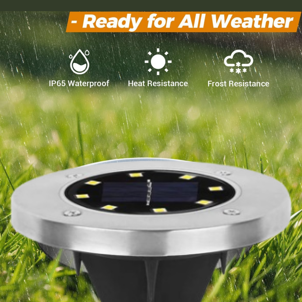 Close-up of solar garden lights featuring stainless steel casing and bright LED illumination