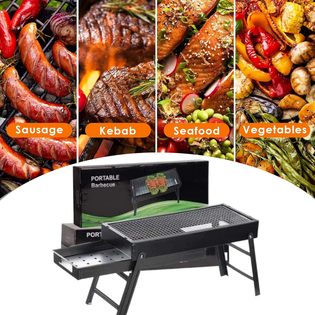 Compact folding BBQ grill showcasing its convenient carry handle and folded state.