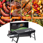 Compact folding BBQ grill showcasing its convenient carry handle and folded state.
