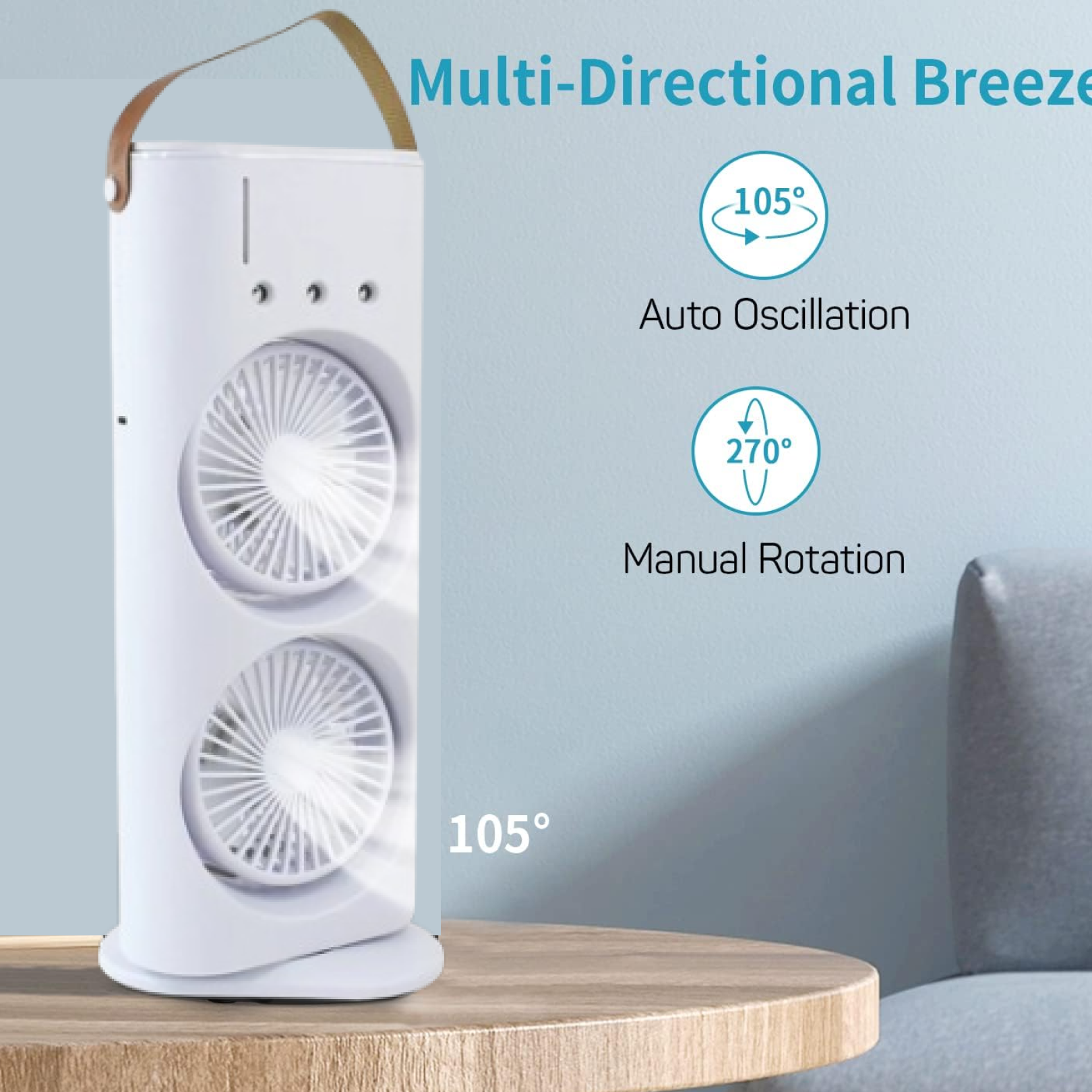 Close-up of double-ended mist spray feature on three-hole charging fan