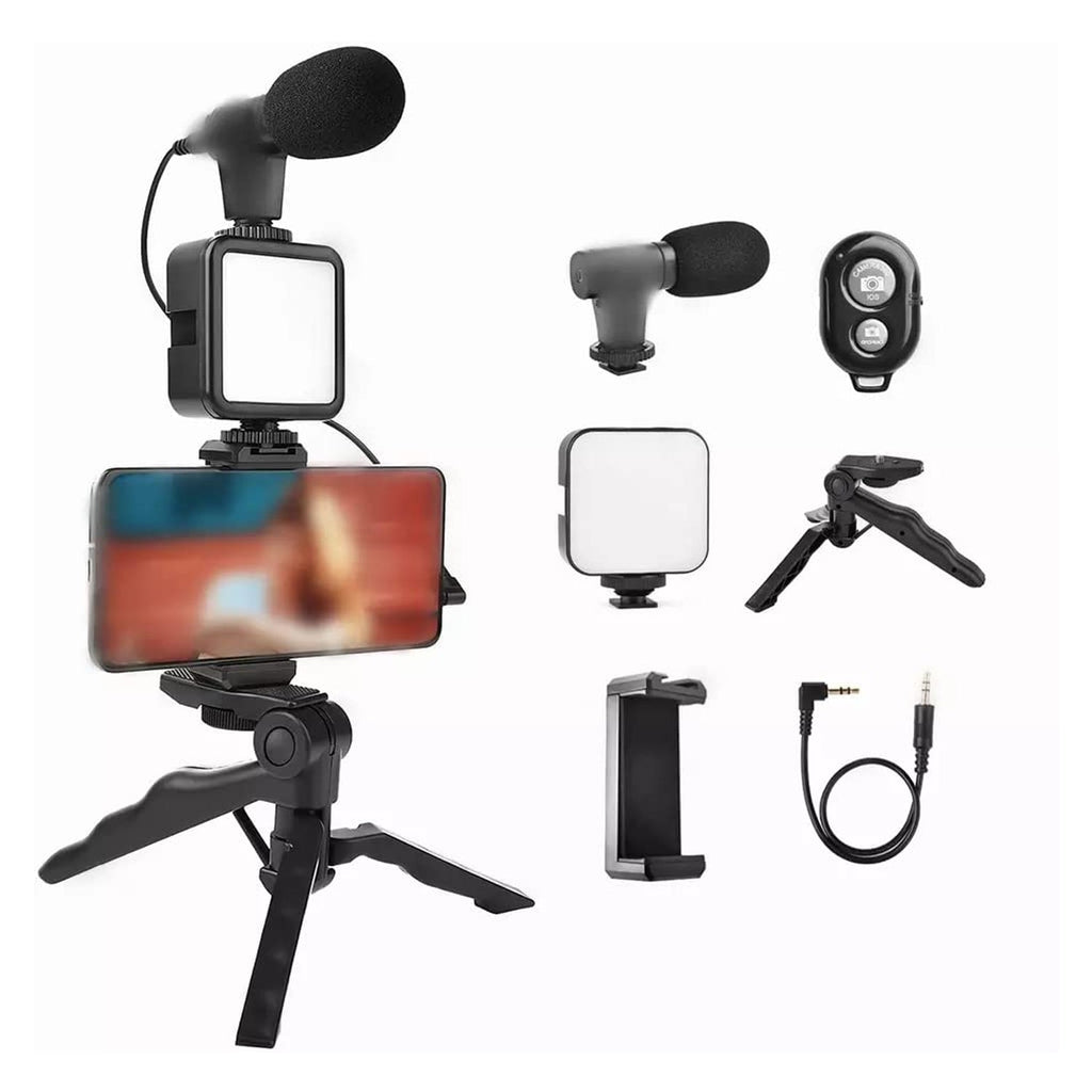 Vlogging kit displaying directional microphone and LED light for enhanced audio and video quality