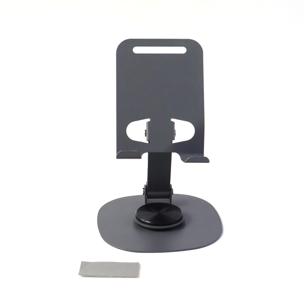 Close-up view of sturdy metallic round base of foldable mobile stand