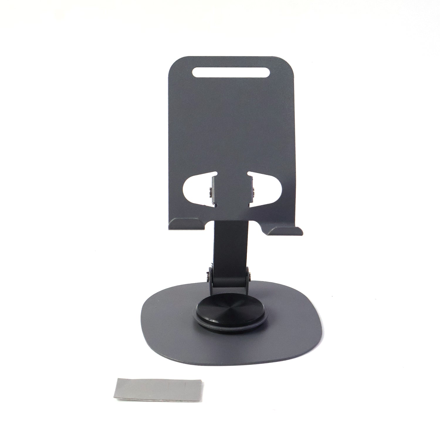 Close-up view of sturdy metallic round base of foldable mobile stand
