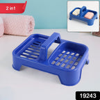 Dual soap organizer tray with a ventilated base keeps soaps dry.