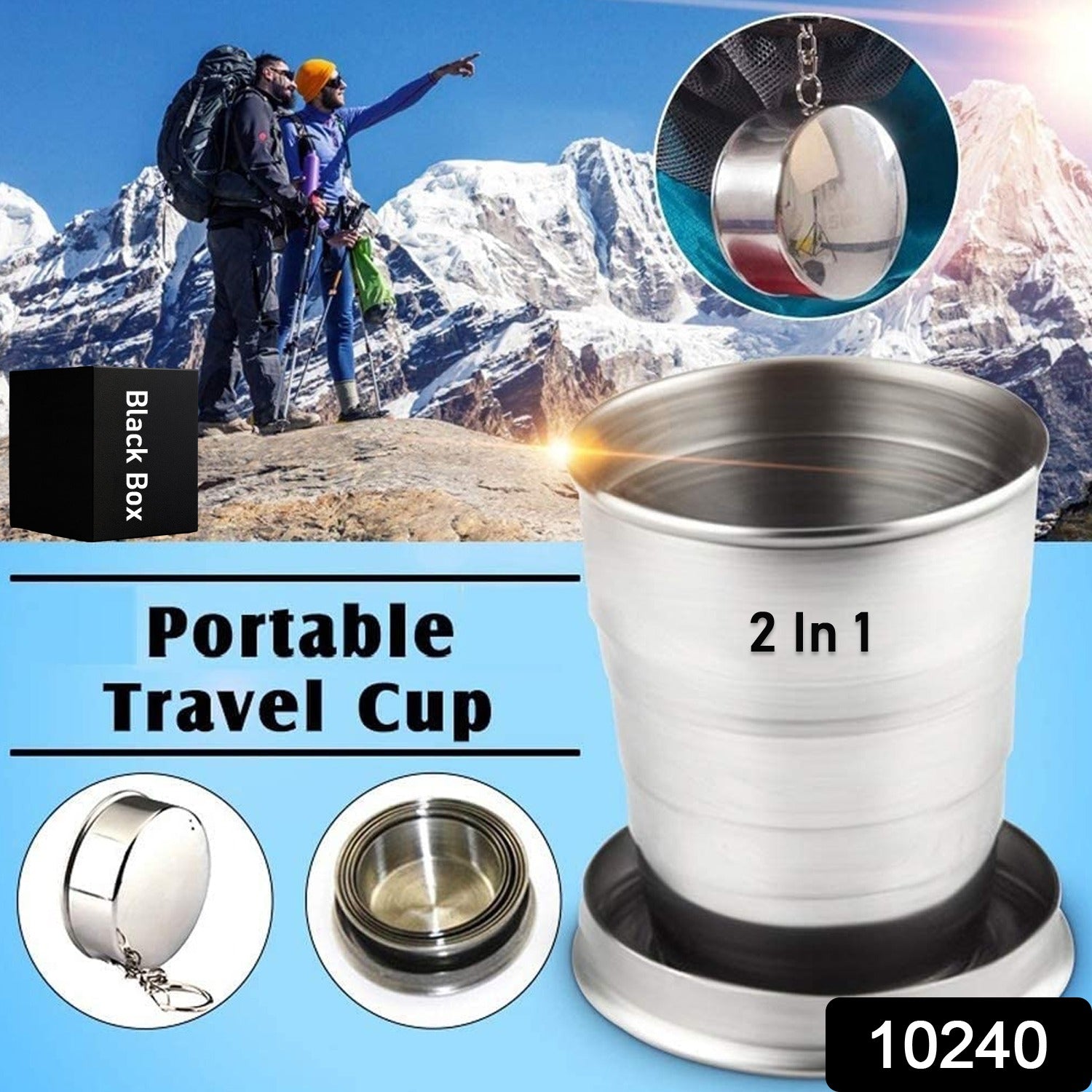 Compact stainless steel folding cup, highlighting its portability for outdoor activities.